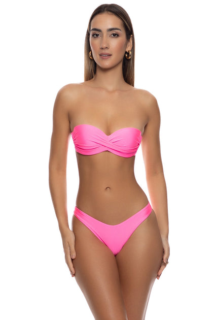COSITA BUENA - Underwire Push Up Bandeau Top & High Leg Brazilian Bottom • Neon Pink Shiny