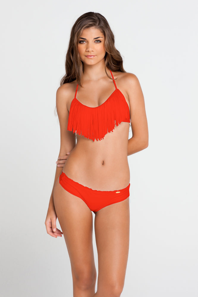 COSITA BUENA - Fringe Scoop Halter Top & Wavey Brazilian Ruched Back Bottom • Luli Red