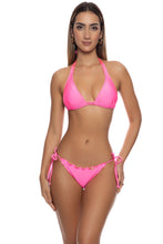 COSITA BUENA - Triangle Halter Top & Wavy Ruched Back Full Tie Side Bottom • Neon Pink Shiny