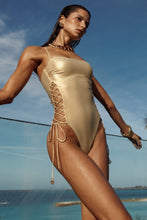 COSITA BUENA - Square Neck Laced Up One Piece • Gold Rush