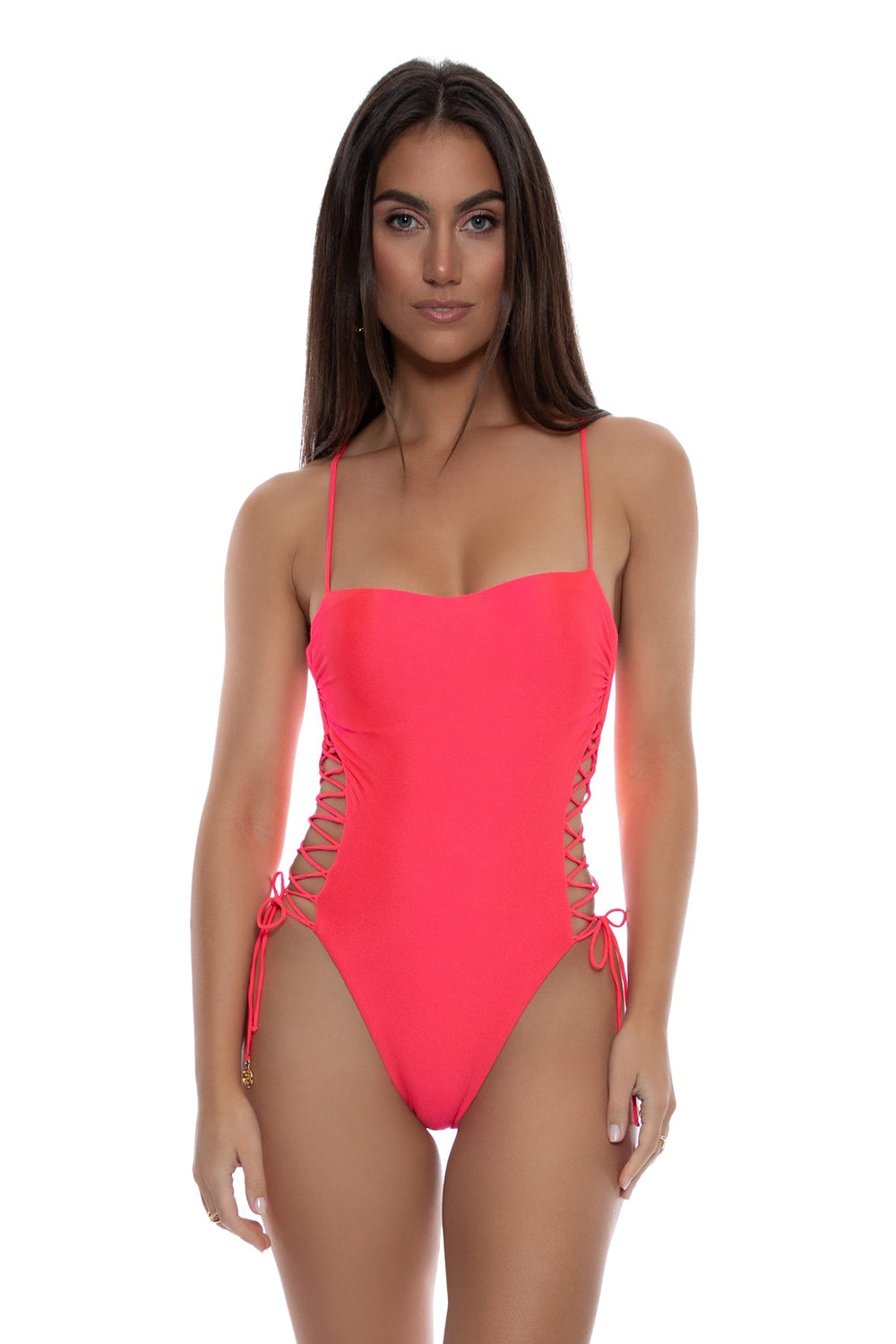 COSITA BUENA - Square Neck Laced Up One Piece • Bombshell Red