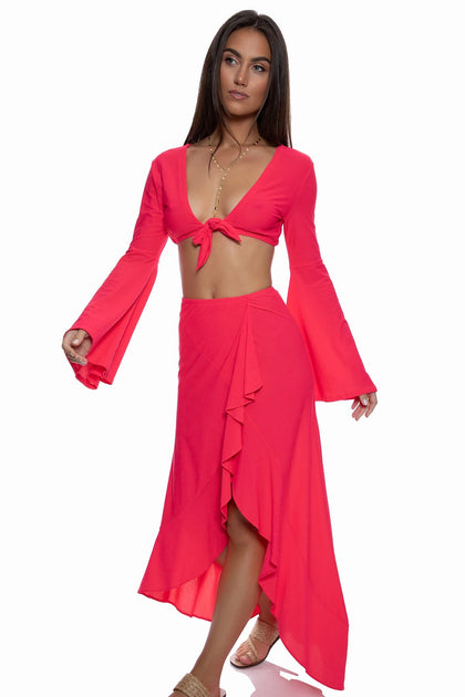 COSITA BUENA - Bell Sleeve Crop Top & Ruffled High-lo Slit Skirt • Bombshell Red