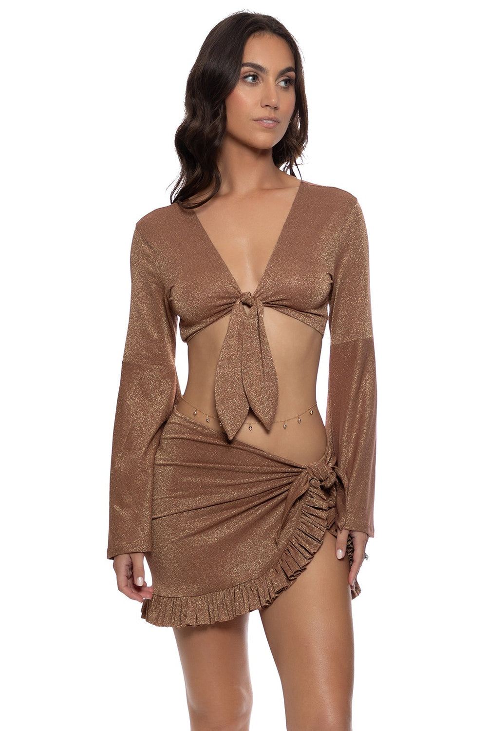 COSITA BUENA - Bell Sleeve Crop Top & Ruffle Sarong Mini Skirt • Brown