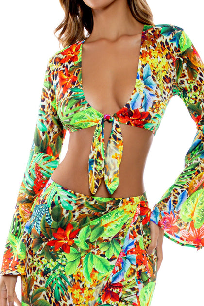 LUSH HORIZONS - Bell Sleeve Crop Top & Ruffled High-lo Slit Skirt • Multicolor