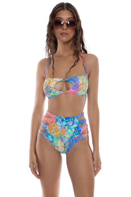 DECO GARDENS - Keyhole Rings Bandeau Top & Side Cut Out Rings High Waisted Bottom • Multicolor