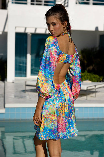DECO GARDENS - Halter Long Sleeve Cut Out Short Dress • Multicolor