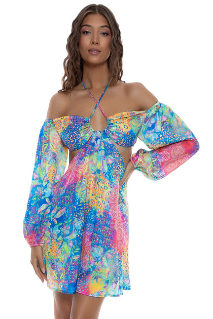DECO GARDENS - Halter Long Sleeve Cut Out Short Dress • Multicolor