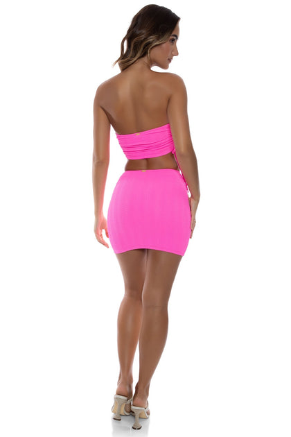 WAVY BABY - Drawstring Tube Top & Mini Skirt • Blazing Pink