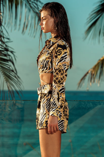 GODDESS VIBES - Collared Wrap Crop Top & Belt Short • Multicolor