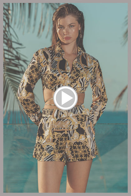 GODDESS VIBES - Collared Wrap Crop Top & Belt Short • Multicolor