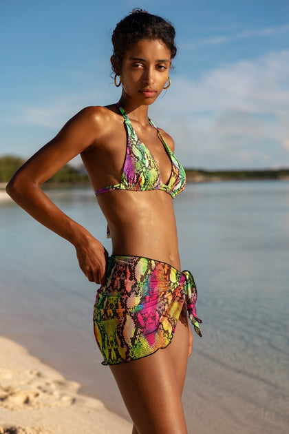 ELECTRIC SKIN - Triangle Halter Top & Sarong Mini Skirt • Multi Neon