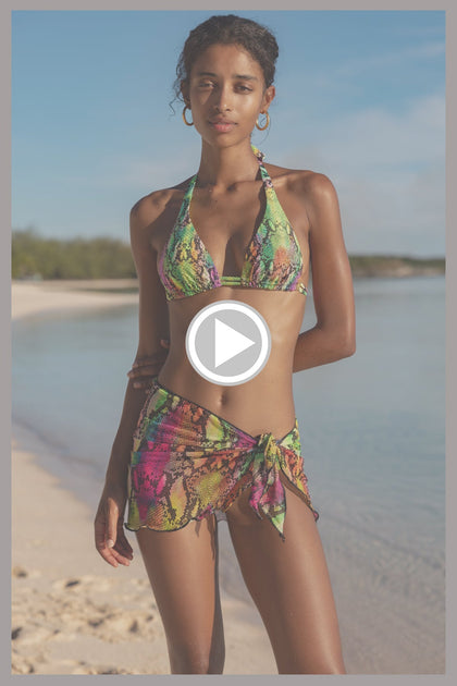 ELECTRIC SKIN - Triangle Halter Top & Sarong Mini Skirt • Multi Neon