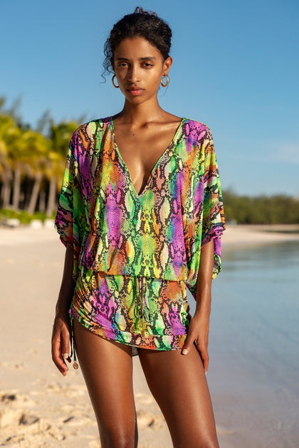 ELECTRIC SKIN - Cabana V Neck Dress • Multi Neon