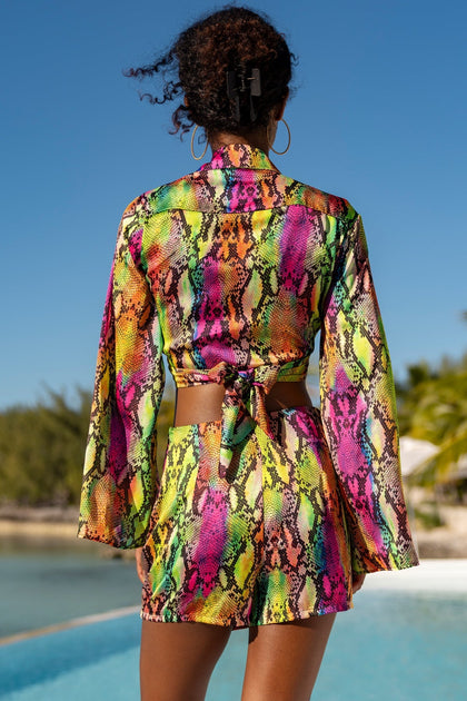 ELECTRIC SKIN - Cropped Tie Shirt & Skort • Multi Neon