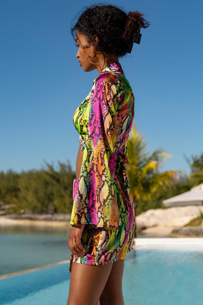 ELECTRIC SKIN - Cropped Tie Shirt & Skort • Multi Neon