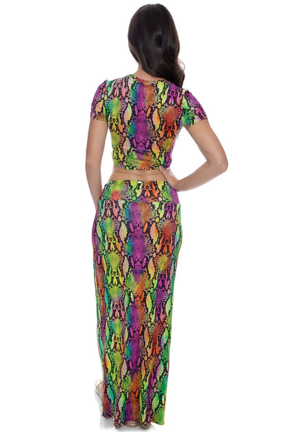 ELECTRIC SKIN - Crop Top & Twist Front Skirt • Multi Neon