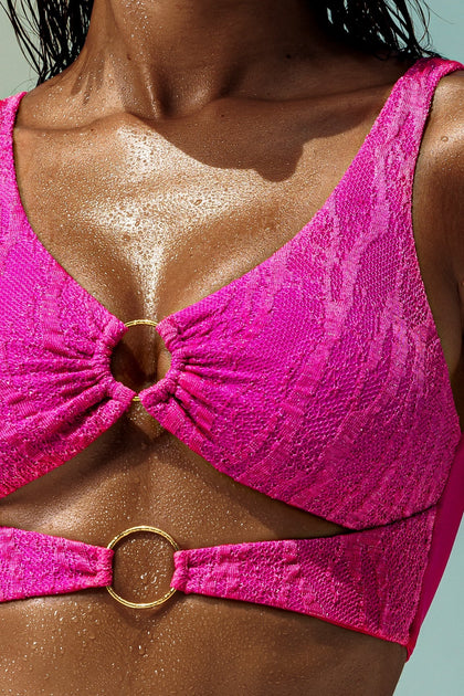 WAVE CHASER - Double Loop Bralette & Seamless Ruched Back Brazilian Tie Side Bottom • Fuchsia