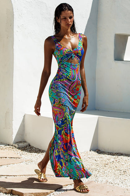 IN THE GROOVE - Drawstring Peek A Boo Maxi Dress • Multicolor