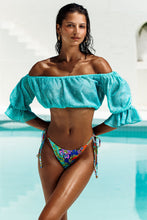 IN THE GROOVE - Off The Shoulder 3/4 Ruffless Sleeve Crop Top & Seamless Reversible Ruched Back Brazilian Tie Side Bottom • Aqua