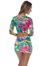 WILD BLOOMS - Peek A Boo Ring Long Sleeve Top & Scrunched Up Mini Skirt • Multicolor