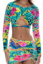 WILD BLOOMS - Peek A Boo Ring Long Sleeve Top & Scrunched Up Mini Skirt • Multicolor