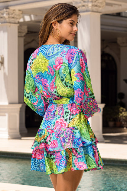 SEAGLASS FANTASY - Long Sleeve Tiereel Ruffle Mini Dress • Multicolor