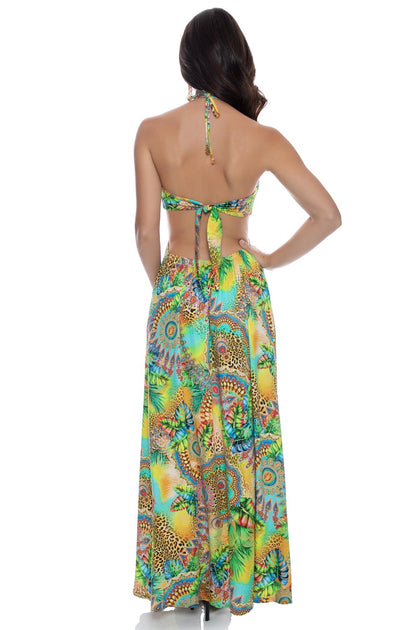 SUN STONES - Bandeau Cut Out Front Slit Dress • Multicolor