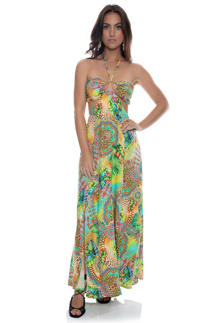 SUN STONES - Bandeau Cut Out Front Slit Dress • Multicolor