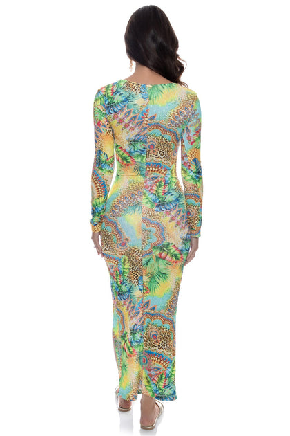 SUN STONES - Long Sleeve Keyhole Cut Out Maxi Dress • Multicolor