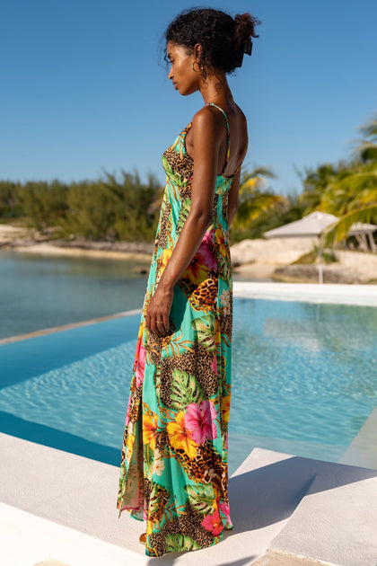 VISIONS OF PARADISE - Chain Bralette Side Slit Maxi Dress • Multicolor