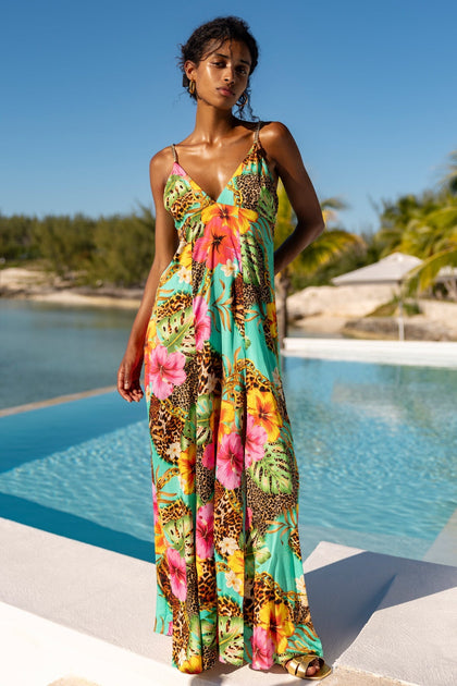 VISIONS OF PARADISE - Chain Bralette Side Slit Maxi Dress • Multicolor