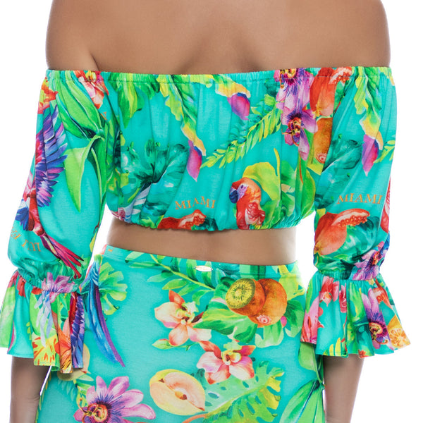 CARIBBEAN FANTASY - Off The Shoulder 3/4 Ruffless Sleeve Crop Top