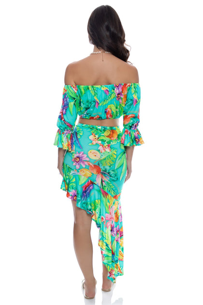 CARIBBEAN FANTASY - Off The Shoulder 3/4 Ruffless Sleeve Crop Top & Asymmetrical Ruffle Trim Midi Skirt • Multicolor