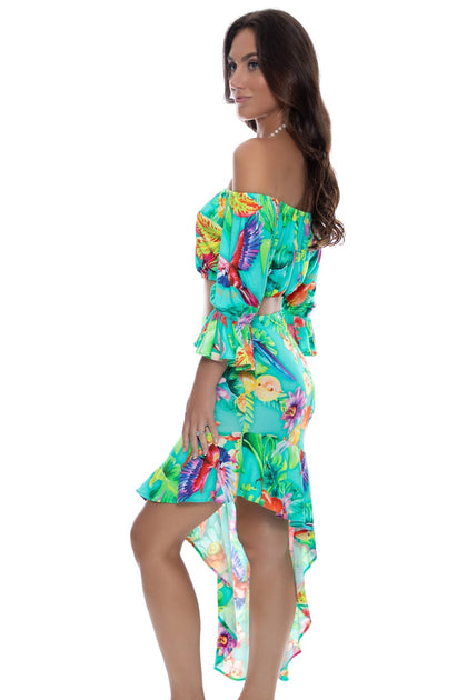 CARIBBEAN FANTASY - Off The Shoulder 3/4 Ruffless Sleeve Crop Top & Asymmetrical Ruffle Trim Midi Skirt • Multicolor