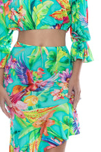 CARIBBEAN FANTASY - Off The Shoulder 3/4 Ruffless Sleeve Crop Top & Asymmetrical Ruffle Trim Midi Skirt • Multicolor