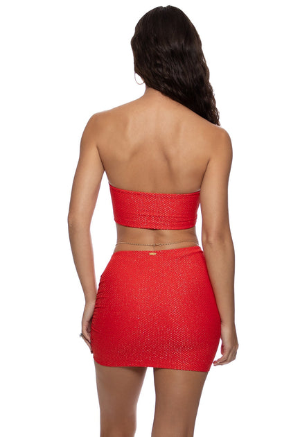 SUNKISS GLOW - Double Luli Ring Bandeau Crop Top & Scrunch Up Mini Skirt • Red