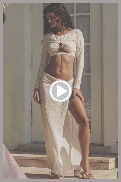 SUNLIT OASIS - Peek-a-boo Ring Long Sleeve Top & Twist Front Skirt • Cream