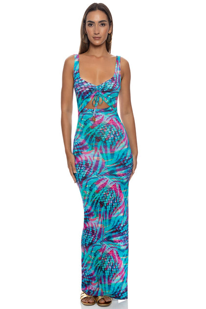 ENCHANTED MIRAGE - Drawstring Peek A Boo Maxi Dress • Multicolor