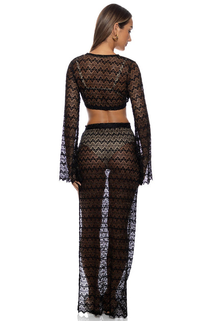 MIDNIGHT CURRENTS - Long Sleeve Crop Top & Long Wrap Skirt • Black