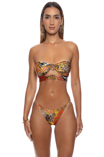 TROPICAL MAJESTY - Double Loop Bandeau Crop Top  & Chain Sides Full Back Bottom • Multicolor