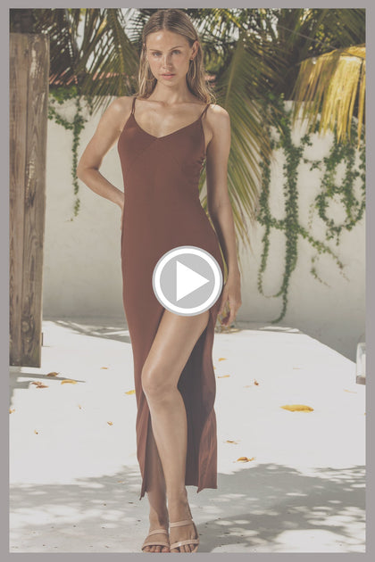 VELVET SHORES - Fitted Side Slit Maxi Dress • Brown