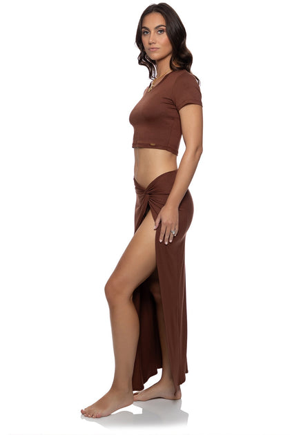 VELVET SHORES - Crop Top & Twist Front Skirt • Brown