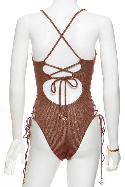 TOASTED GLOW - Square Neck Laced Up One Piece • Brown | Gold