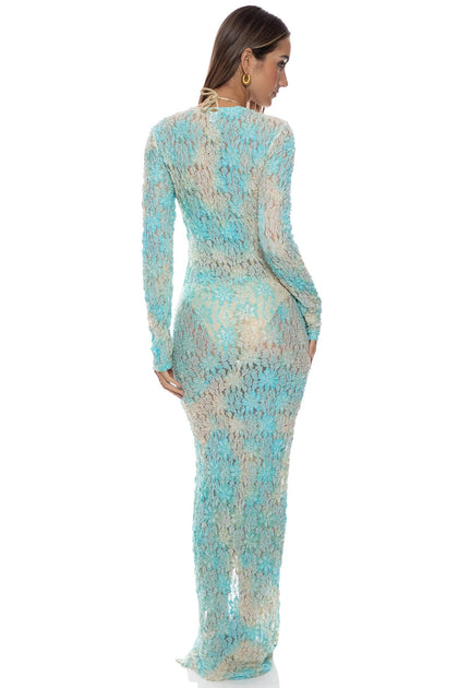 BLOOM ILLUSIONS - Long Sleeve Keyhole Cut Out Maxi Dress • Aqua