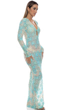 BLOOM ILLUSIONS - Long Sleeve Keyhole Cut Out Maxi Dress • Aqua