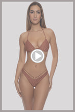 MUSE GLOW - Molded Push Up Bandeau Halter Top & Strappy Loop Brazilian Scrunch Bottom • Brown