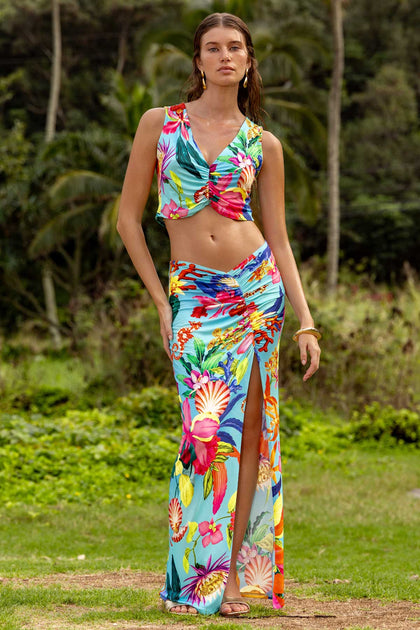 OCEAN'S KISS - Ruched Tank Top & Ruched Front Long Skirt • Multicolor