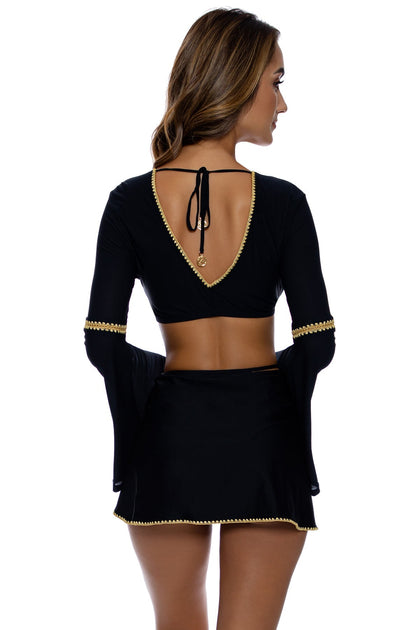 LULI CHIC - Bell Sleeve Crop Top & Tie Side Wrap Skirt • Black