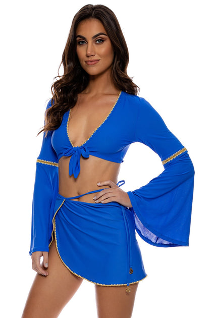 LULI CHIC - Bell Sleeve Crop Top & Tie Side Wrap Skirt • Electric Blue