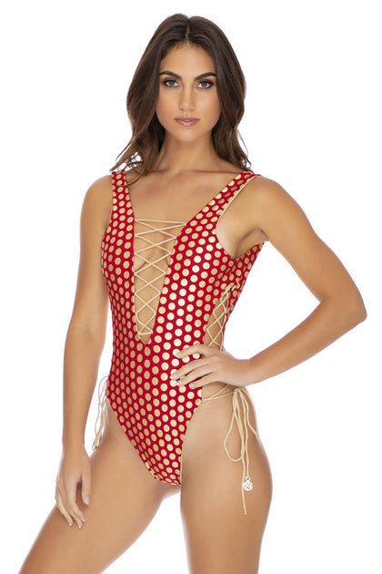 DOTTED DELIGHT - Open Side One Piece Bodysuit • Ruby Red